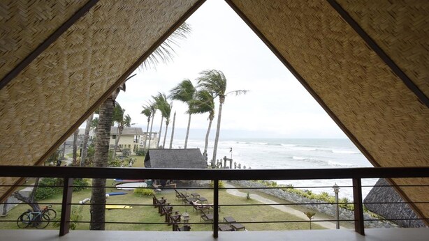 A view from a room with a thatched roof, overlooking a beach with palm trees and a rocky shoreline. - Nalu Surf Camp (Baler)