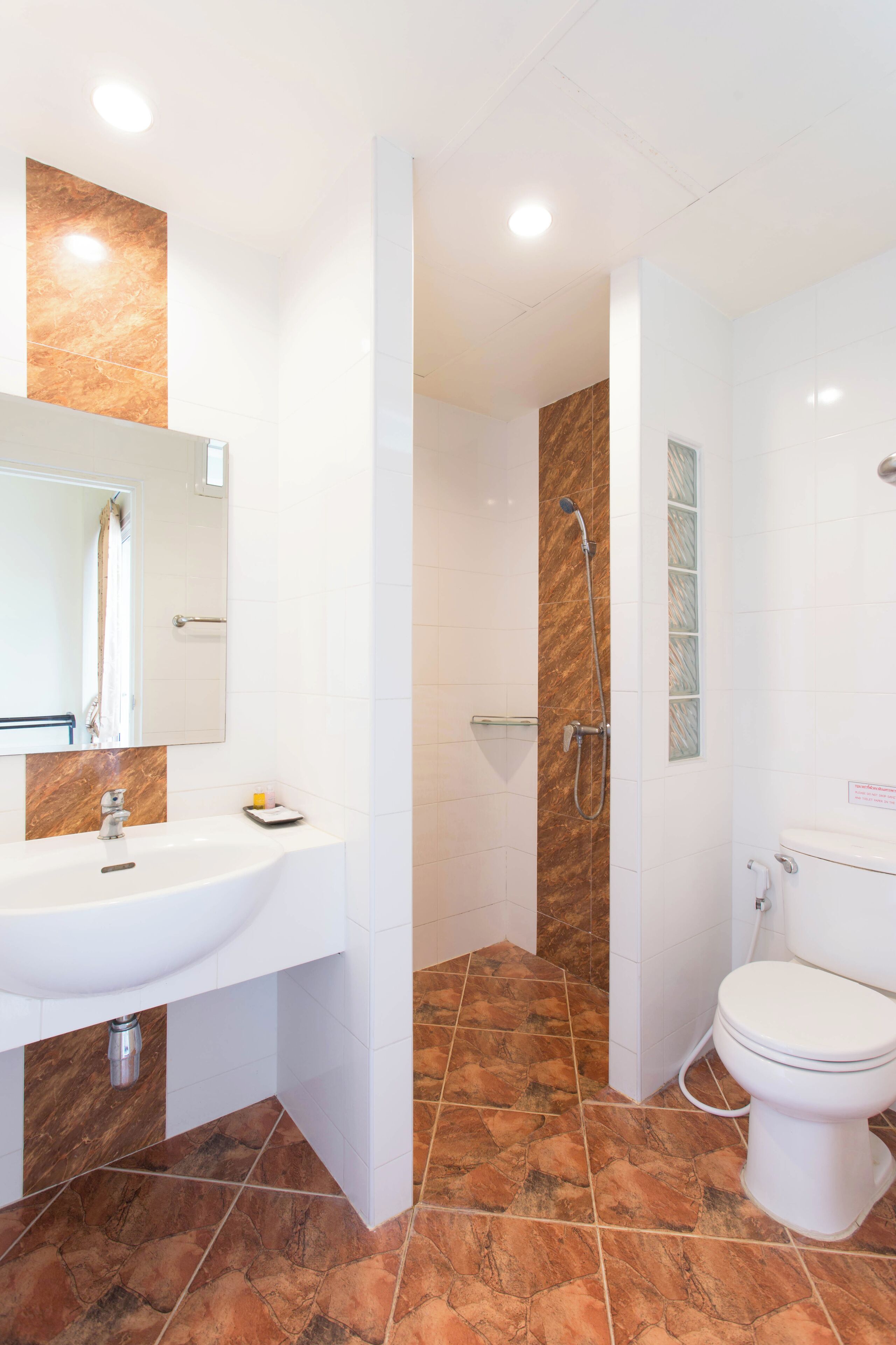 A bathroom with a sink, mirror, shower, and toilet.