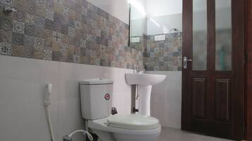 A bathroom with a toilet, sink, and a wooden door.