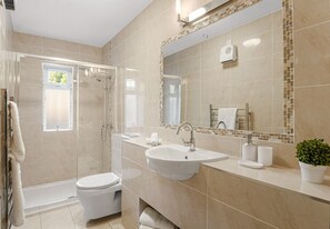 Shower, hair dryer, towels