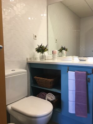 Combined shower/bathtub, hair dryer, towels, soap