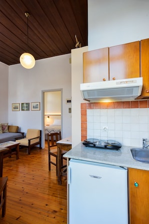 Monolocale, balcone | Cucina privata | Frigorifero, piano cottura, macchina per tè/caffè, bollitore elettrico