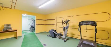 Et fitnesscenter med træningsudstyr, løbebånd og grønt tæppe.