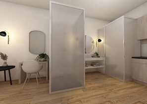 独特公寓, 1 张特大床, 无烟房, 海景 | 浴室 | 淋浴设施、大花洒淋浴喷头、名牌洗护用品、吹风机