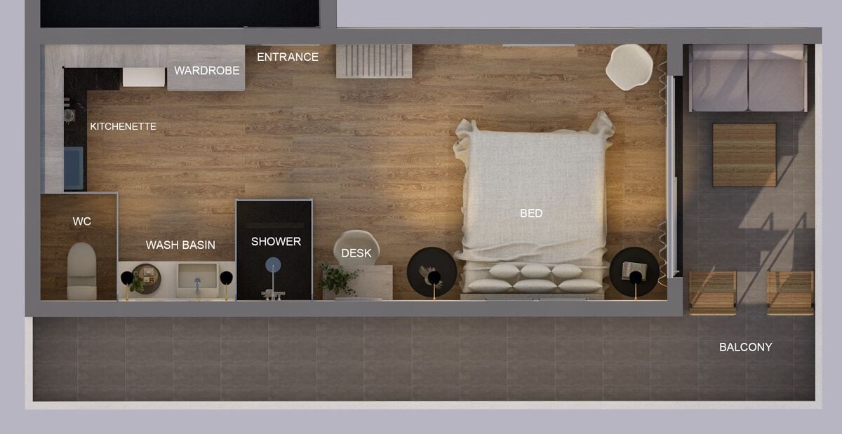 Plano de planta de una habitación de hotel con áreas identificadas, incluyendo armario, entrada, kitchenette, inodoro, lavabo, ducha, escritorio, cama y balcón.