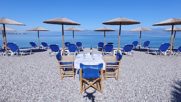 Beach nearby, sun loungers, beach umbrellas, beach bar
