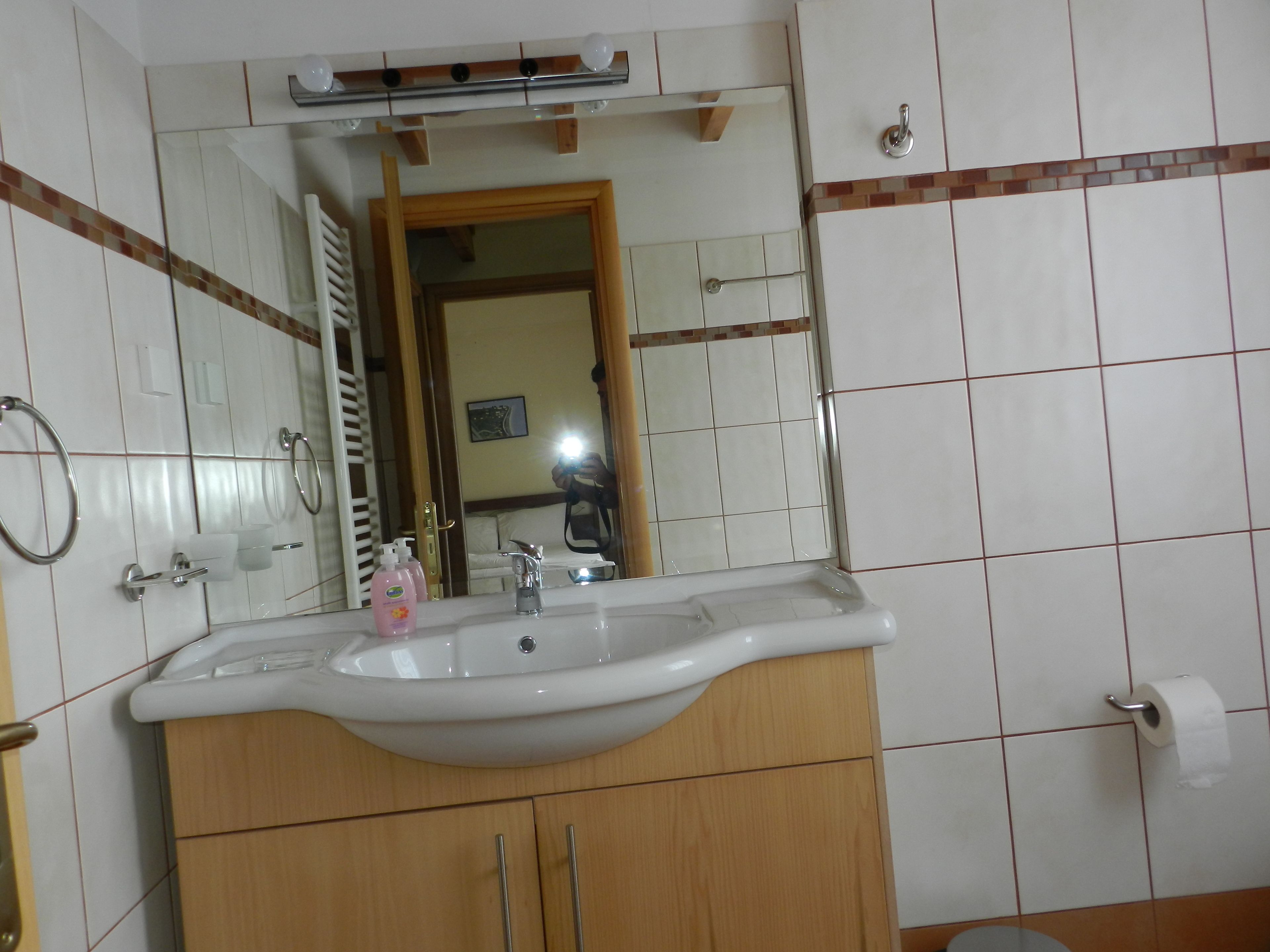 A bathroom with a white sink, wooden cabinets, a mirror, and a toilet.