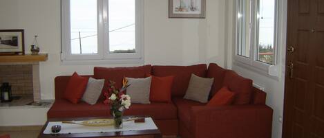 A living room with a red sofa, a coffee table with a vase of flowers, a fireplace, and a framed picture on the wall.