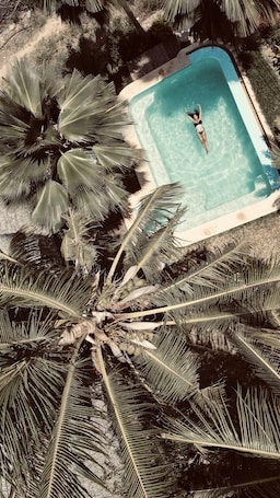 Una piscina al aire libre, sillones reclinables de piscina