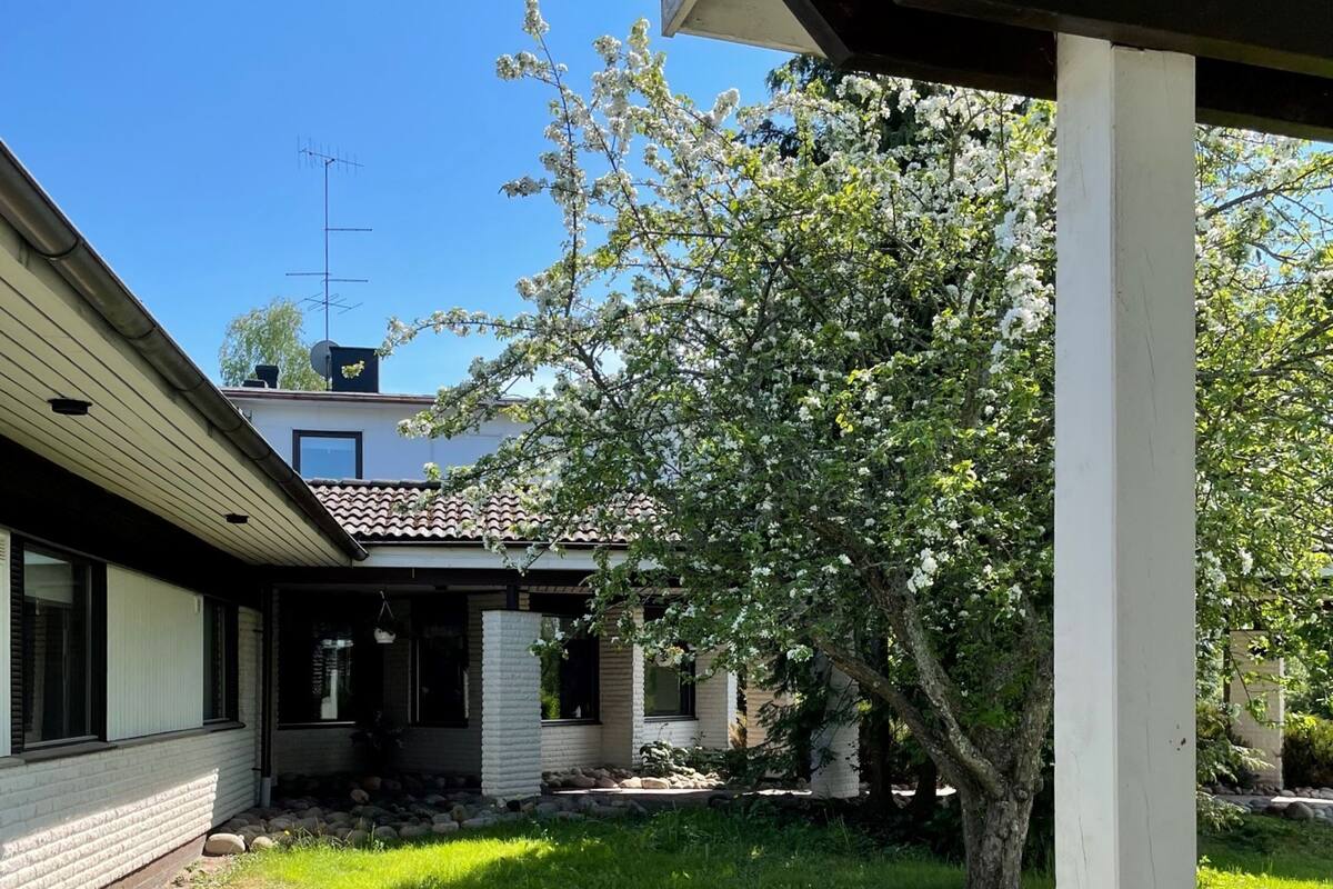 A residential property with a well-maintained lawn, a tree with white blossoms, and a clear blue sky.