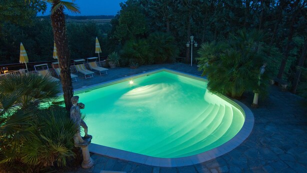 A swimming pool with a curved edge, surrounded by palm trees and lounge chairs. - Podere San Lorenzo (Terranuova Bracciolini)