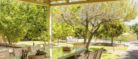Un área de comedor al aire libre techada con una mesa de vidrio, sillas y una planta en maceta.