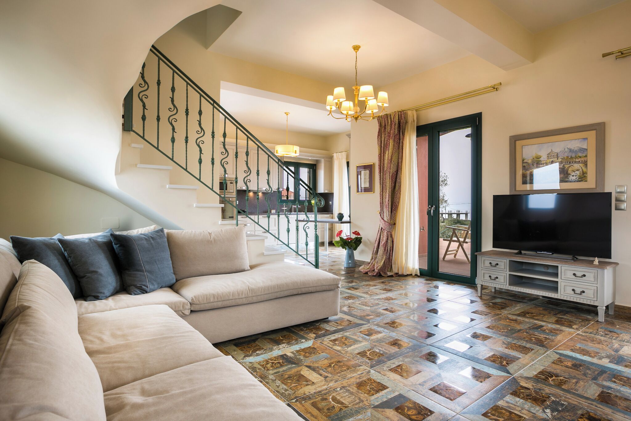 Pleiades Luxury Villa | Living area | 55-inch flat-screen TV with satellite channels, TV, DVD player