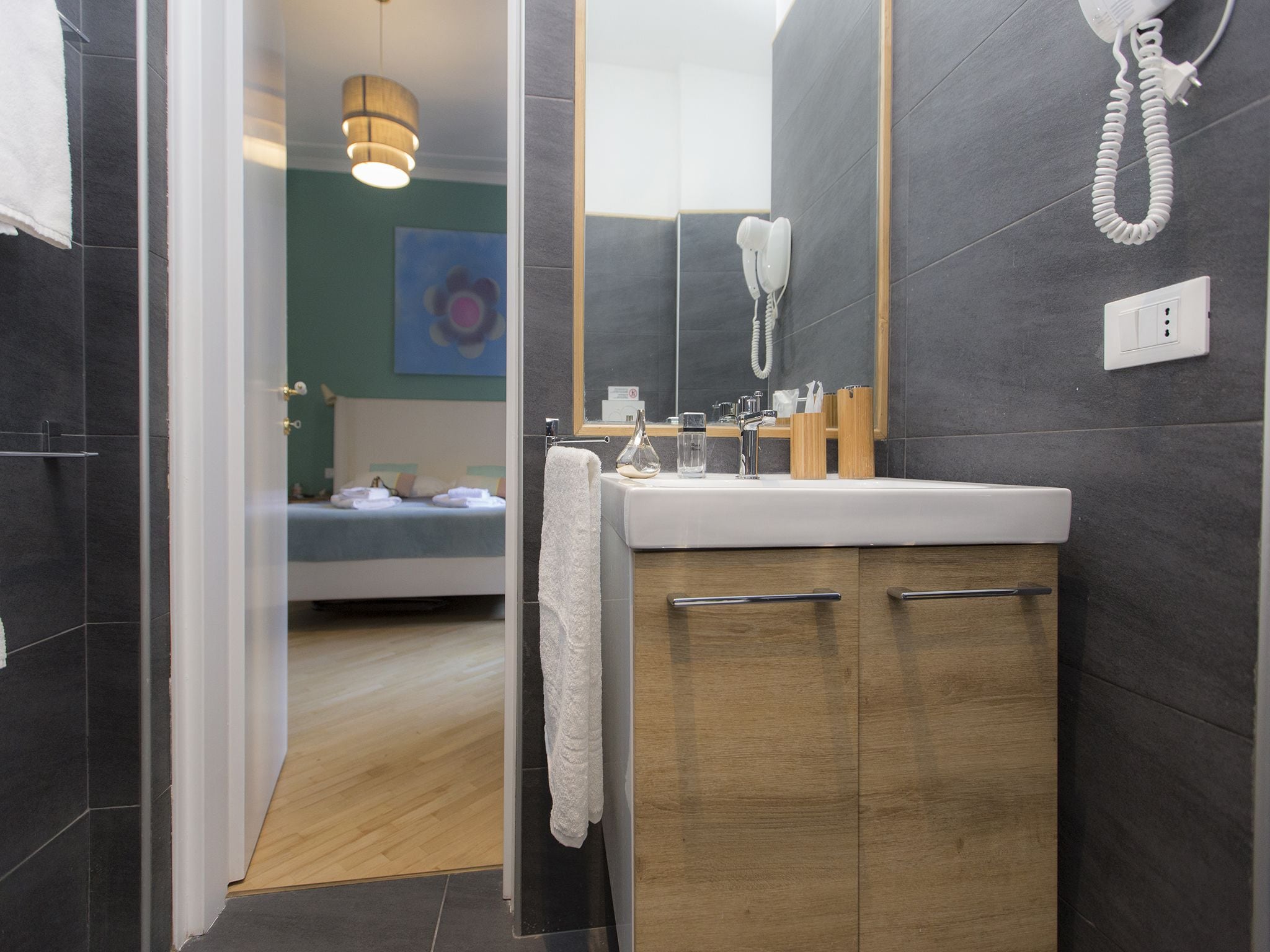 Shower, free toiletries, hair dryer, towels