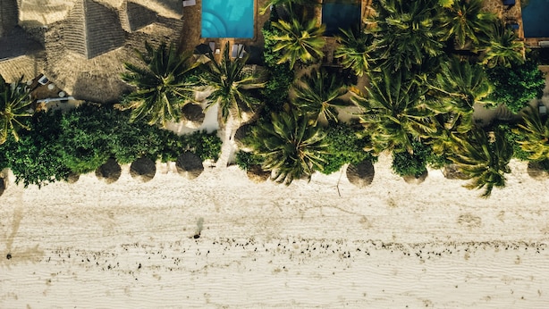 Eine Luftaufnahme eines Resorts mit mehreren Pools, Palmen und einem Strandabschnitt.