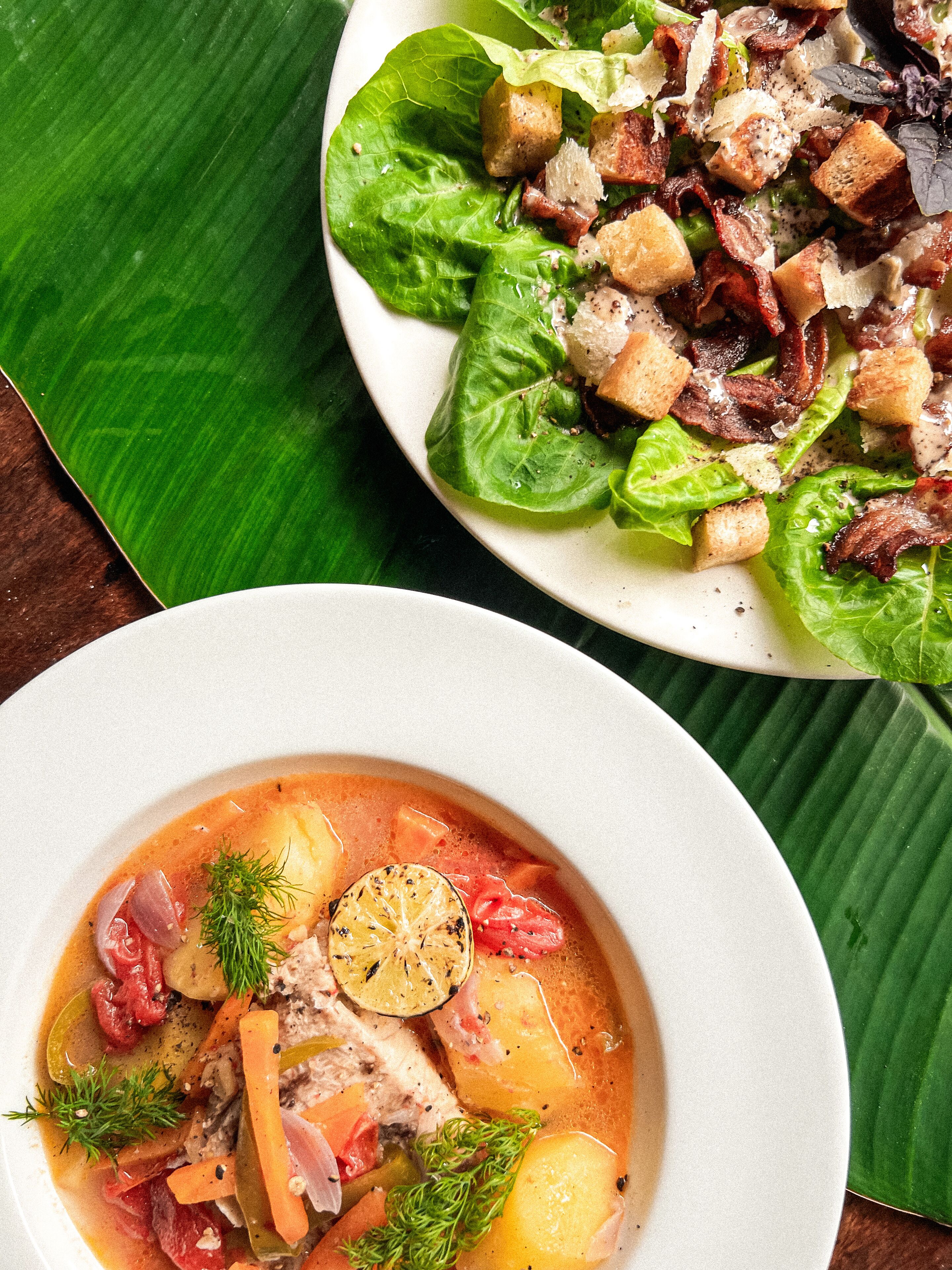 A bowl of soup with vegetables and herbs, and a plate of salad with greens and croutons.