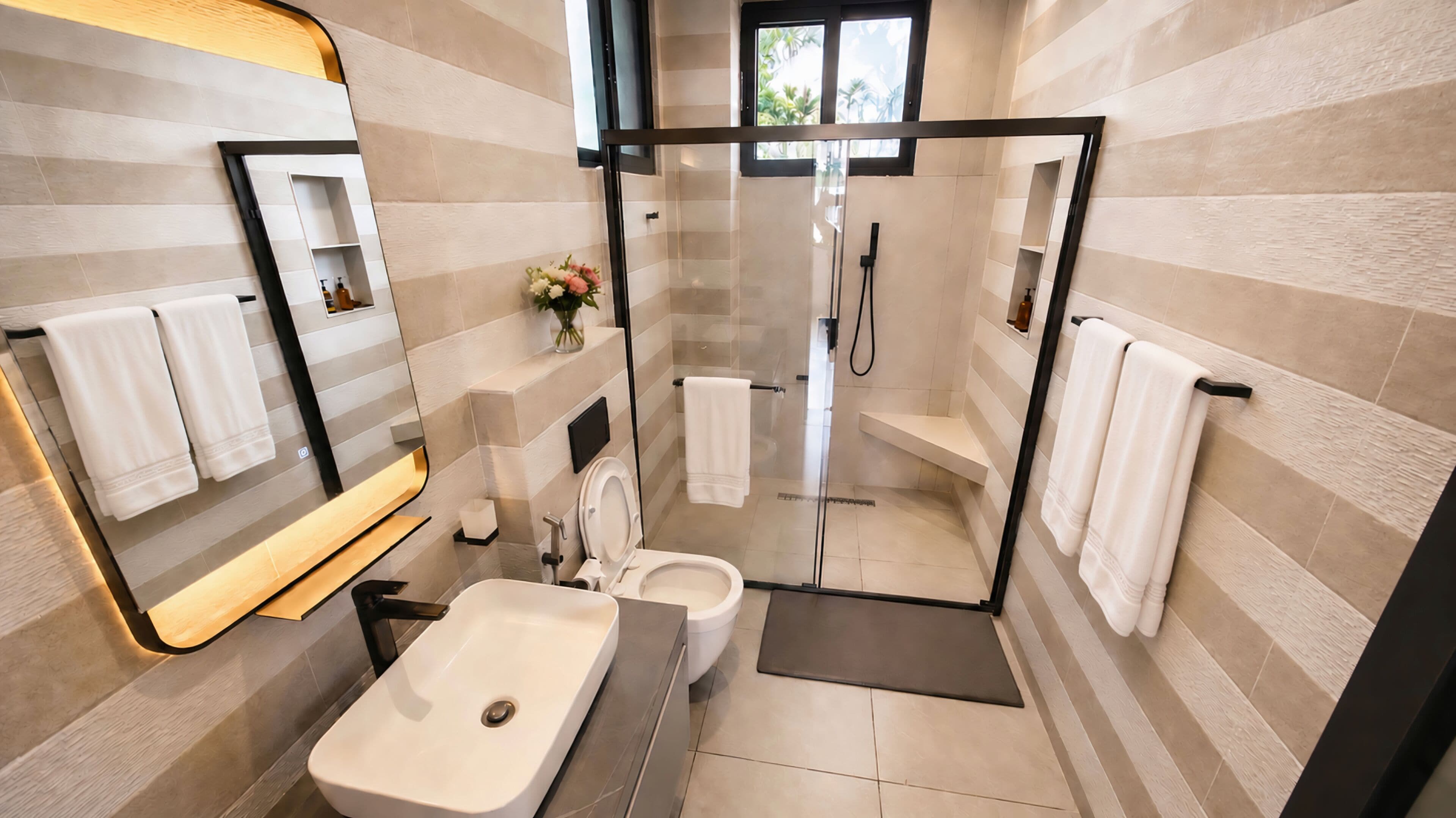 Un baño moderno con cabina de ducha de vidrio, un lavamanos blanco y un espejo grande.