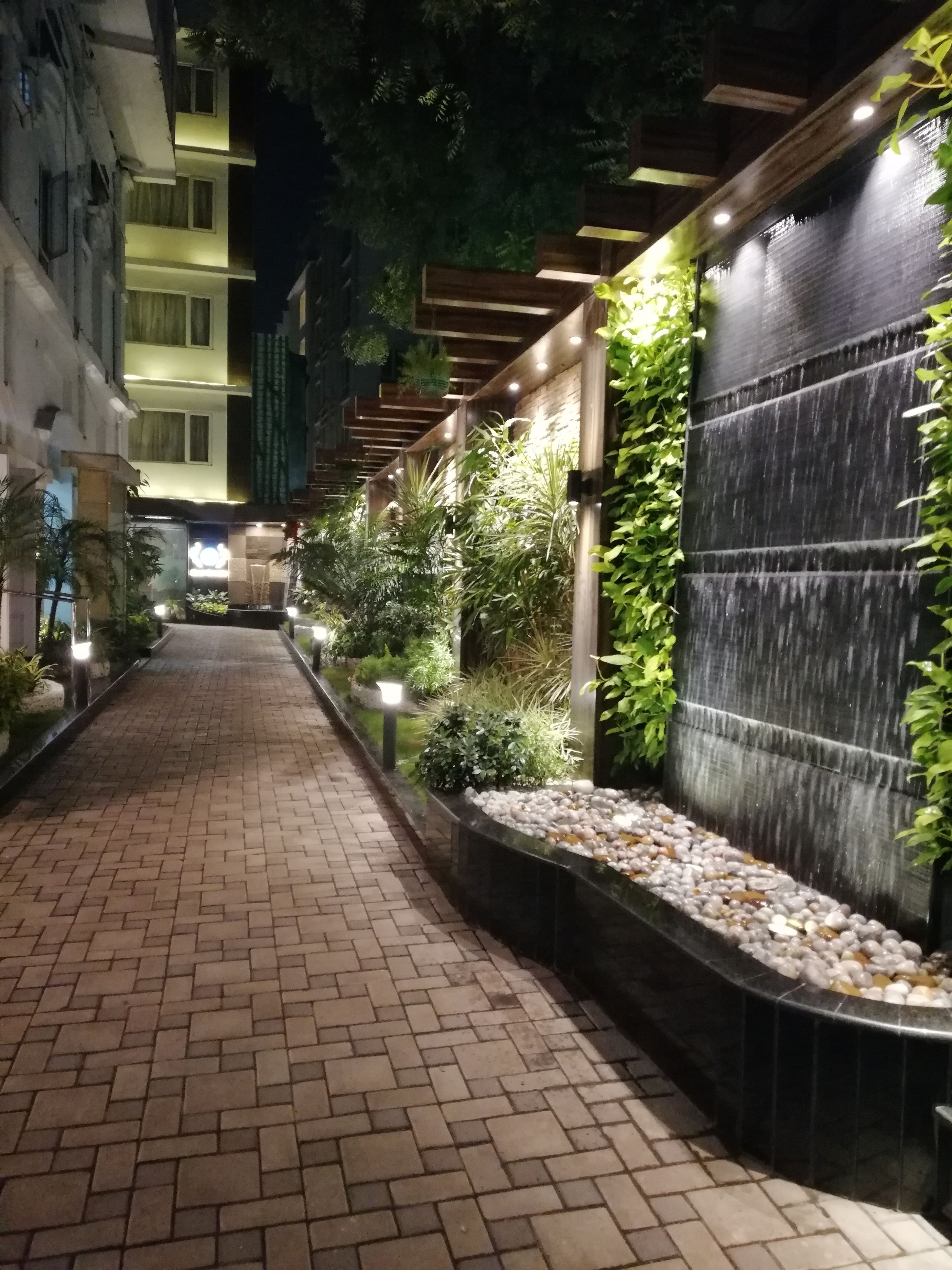 A nighttime walkway with a water feature, plants, and a brick path.