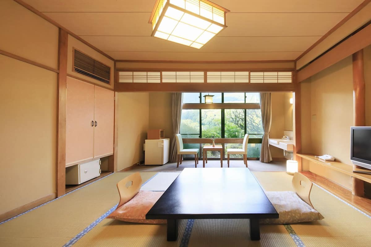 A traditional Japanese room with tatami flooring, a low table, a television, and a view of greenery outside.