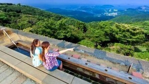 Un mirador panorámico con barandilla de metal y camino de piedra.