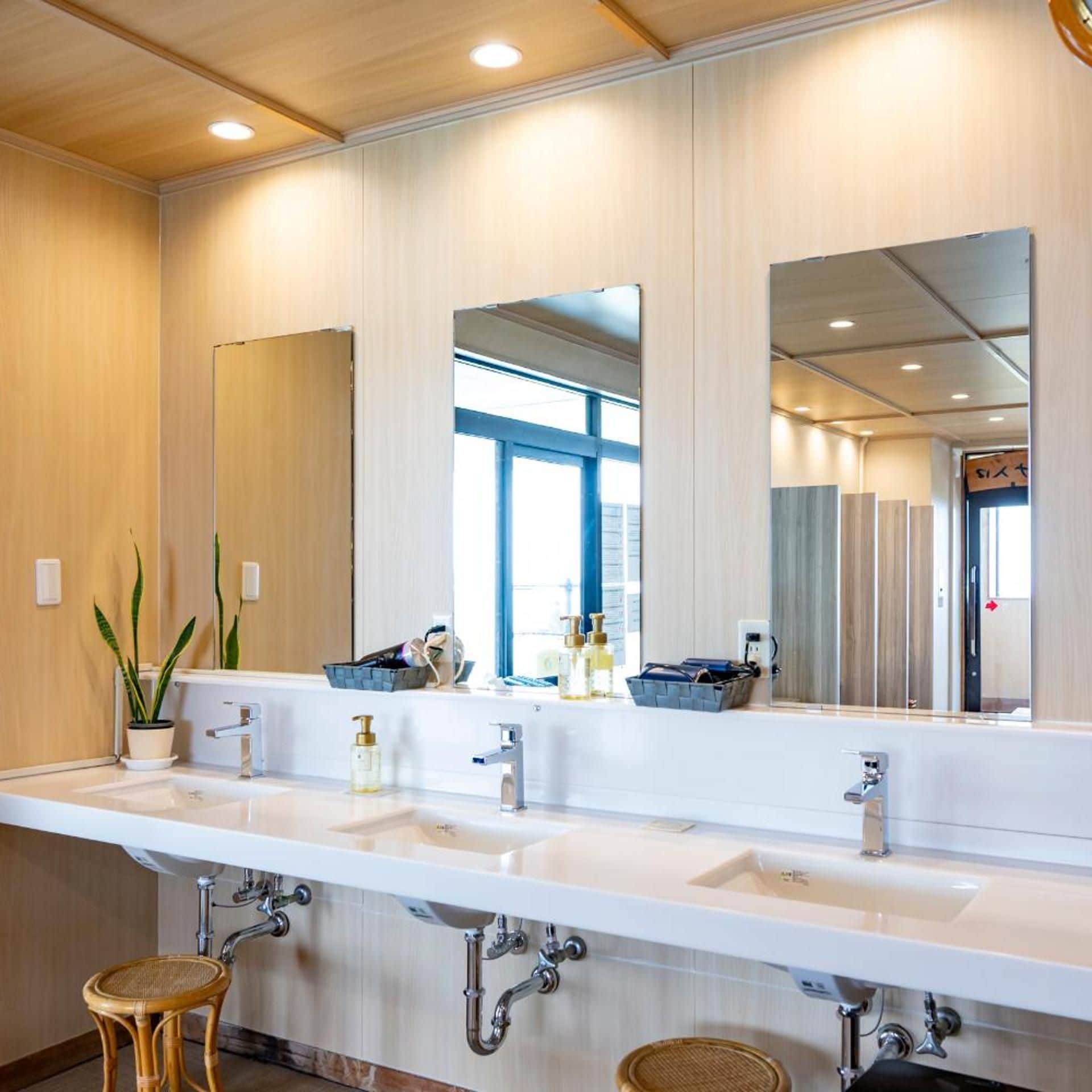 A modern bathroom with two sinks, a large mirror, and a potted plant.