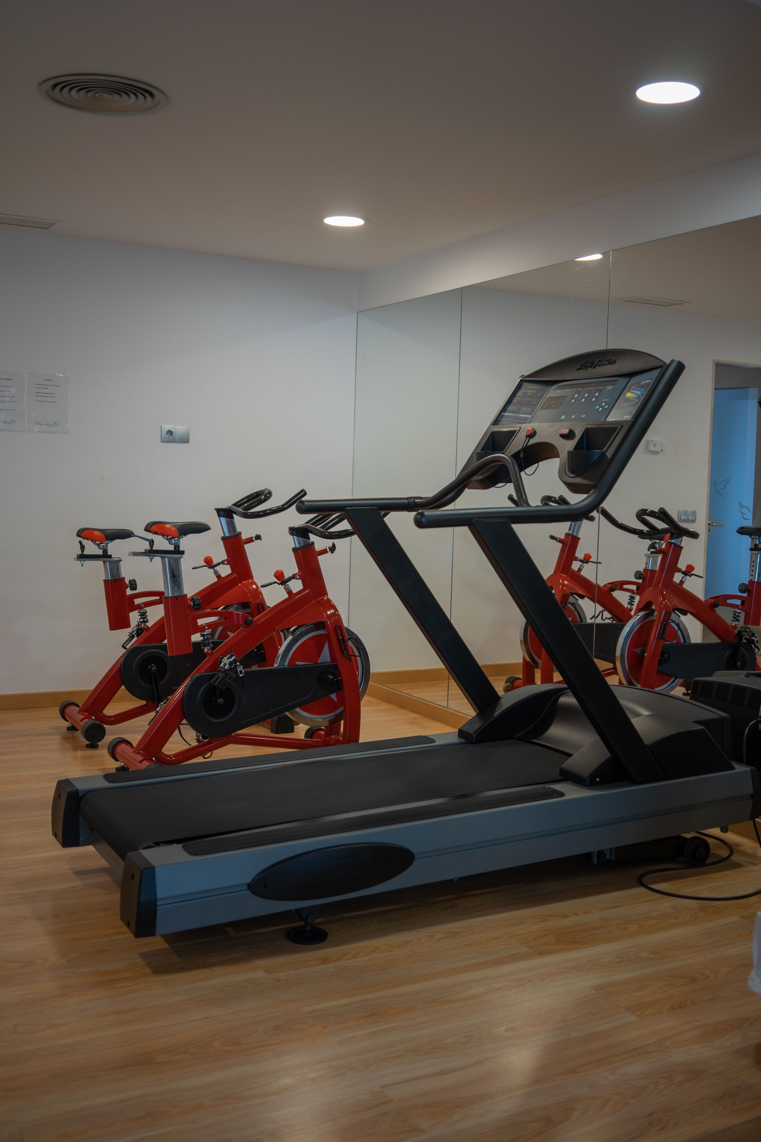Uma academia equipada com esteira e bicicletas ergométricas.
