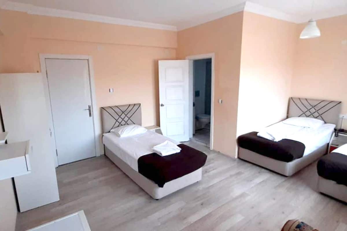 A hotel room with two beds, a TV, a wardrobe, and a door leading to a bathroom.