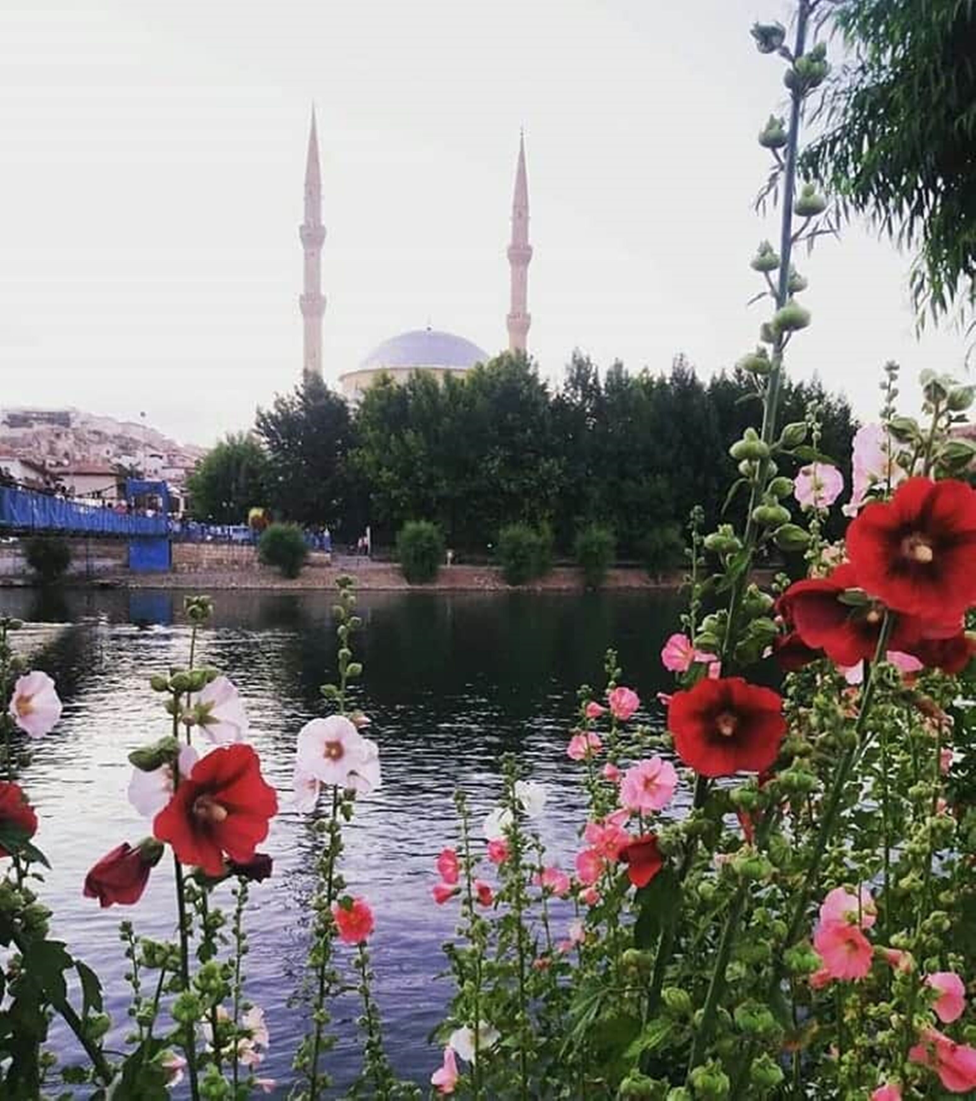 A view of a river with a mosque and minarets in the background.
