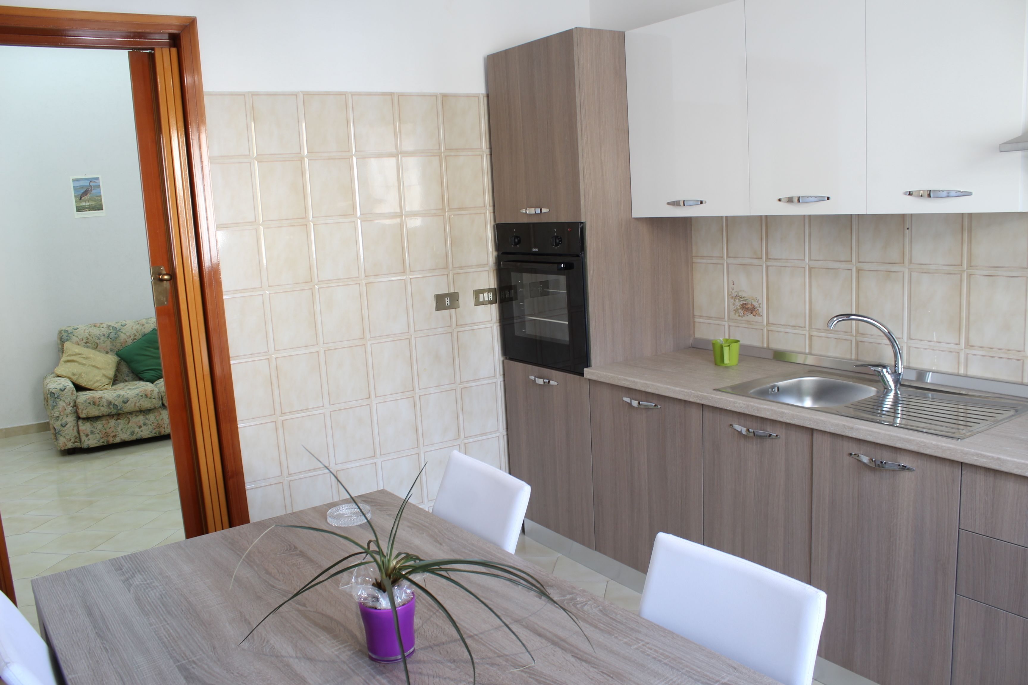 Una cucina moderna con forno integrato, lavello e pensili in legno. Si nota un tavolo da pranzo con sedie e una pianta in vaso.