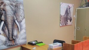 A room with a wooden desk, a painting of an elephant, a painting of a zebra, and an air conditioning unit on the wall.