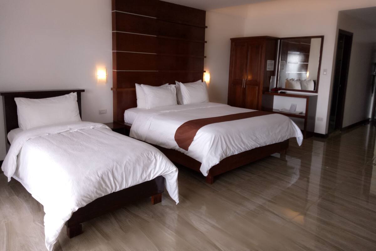 A hotel room with two beds, a wooden headboard, a wardrobe, and a mirror.