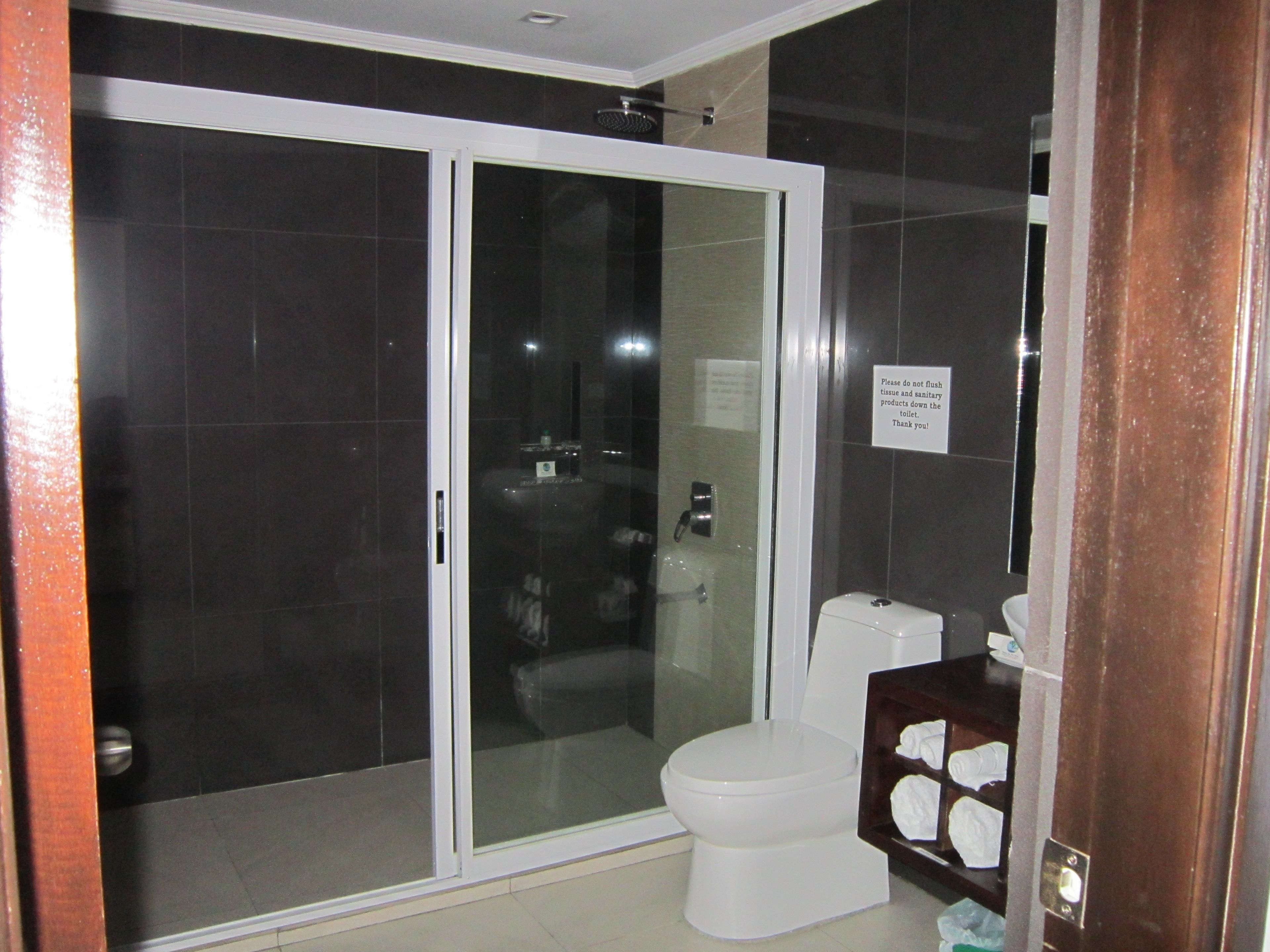 A modern bathroom with a glass-enclosed shower, a toilet, and a sink with a towel rack.