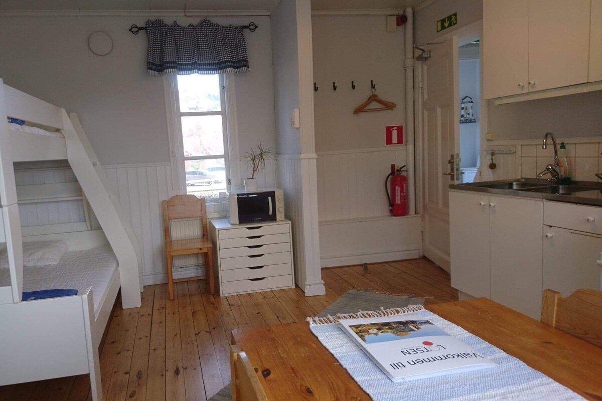 A compact room with a bunk bed, a small desk with a computer, a kitchen area, and a window with curtains.