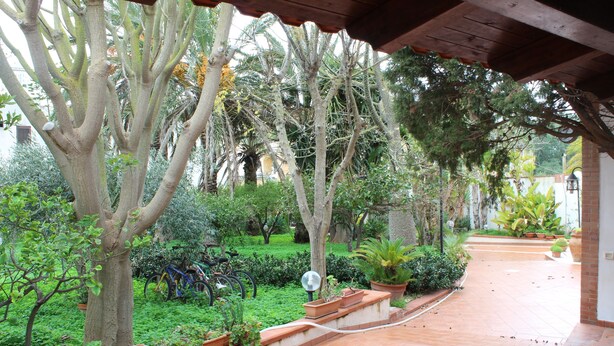 A covered outdoor area with a tiled walkway, potted plants, and bicycles. - Villa Delle Ninfee (Mazara del Vallo)