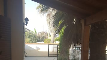 A porta aberta dá para uma área externa coberta com piso de azulejos, um portão de metal e uma palmeira.