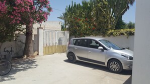 Un coche plateado estacionado en una entrada de vehículos con una verja, una bicicleta y un árbol de flores rosadas.