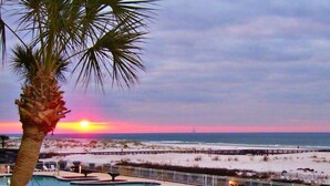 Un complexe hôtelier doté d’une piscine, d’un palmier et offrant une vue sur la plage au coucher du soleil.