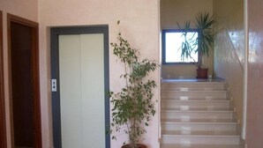 Un couloir avec une porte fermée, une plante en pot et un escalier menant à l’étage supérieur.