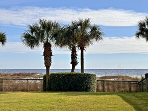 Enjoy scenic views of the ocean from this serene outdoor setting.