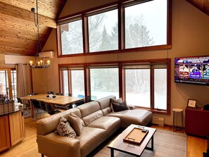 Smart TV, fireplace, DVD player, foosball