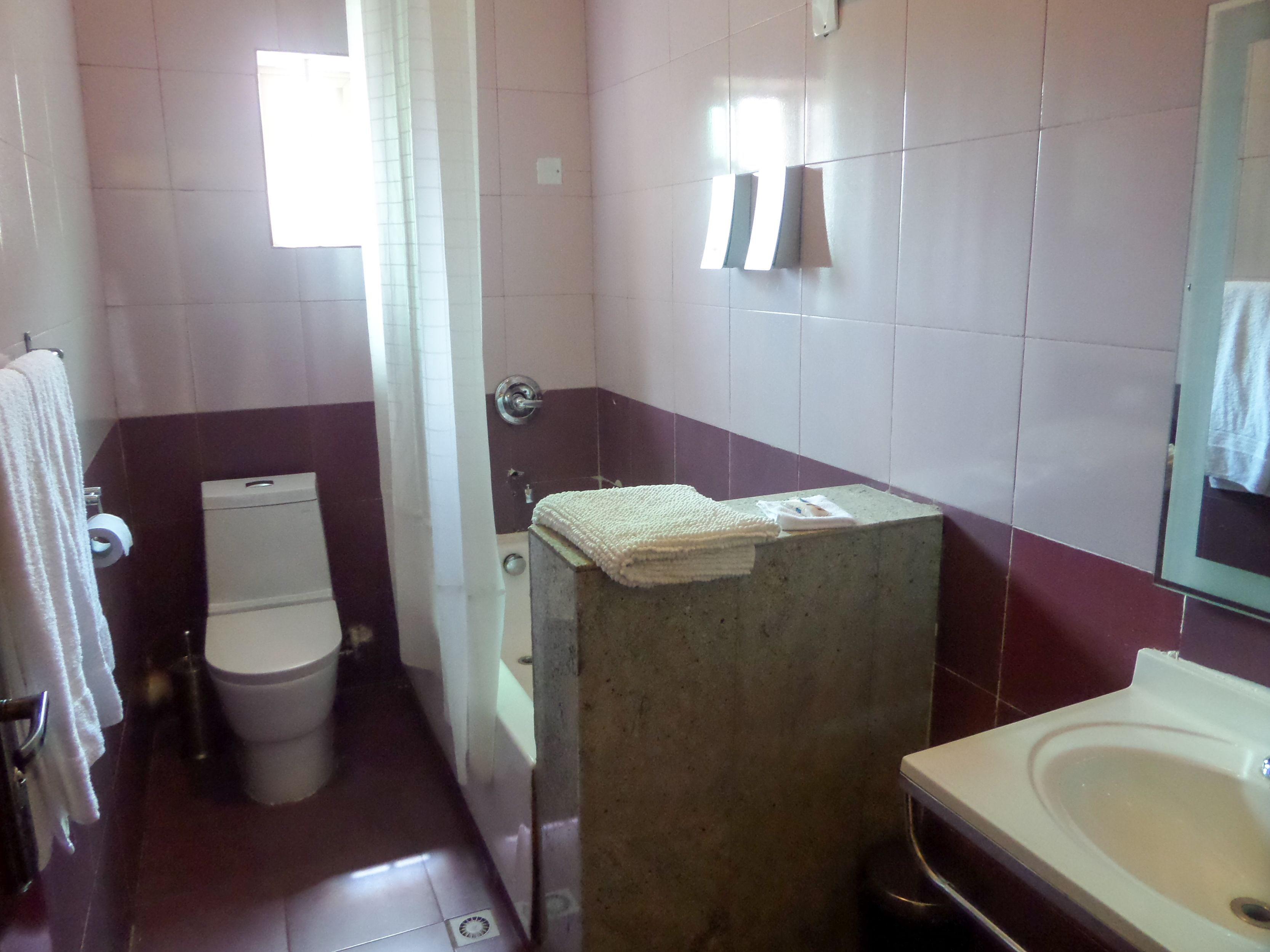 A bathroom with a toilet, a shower, and a sink.