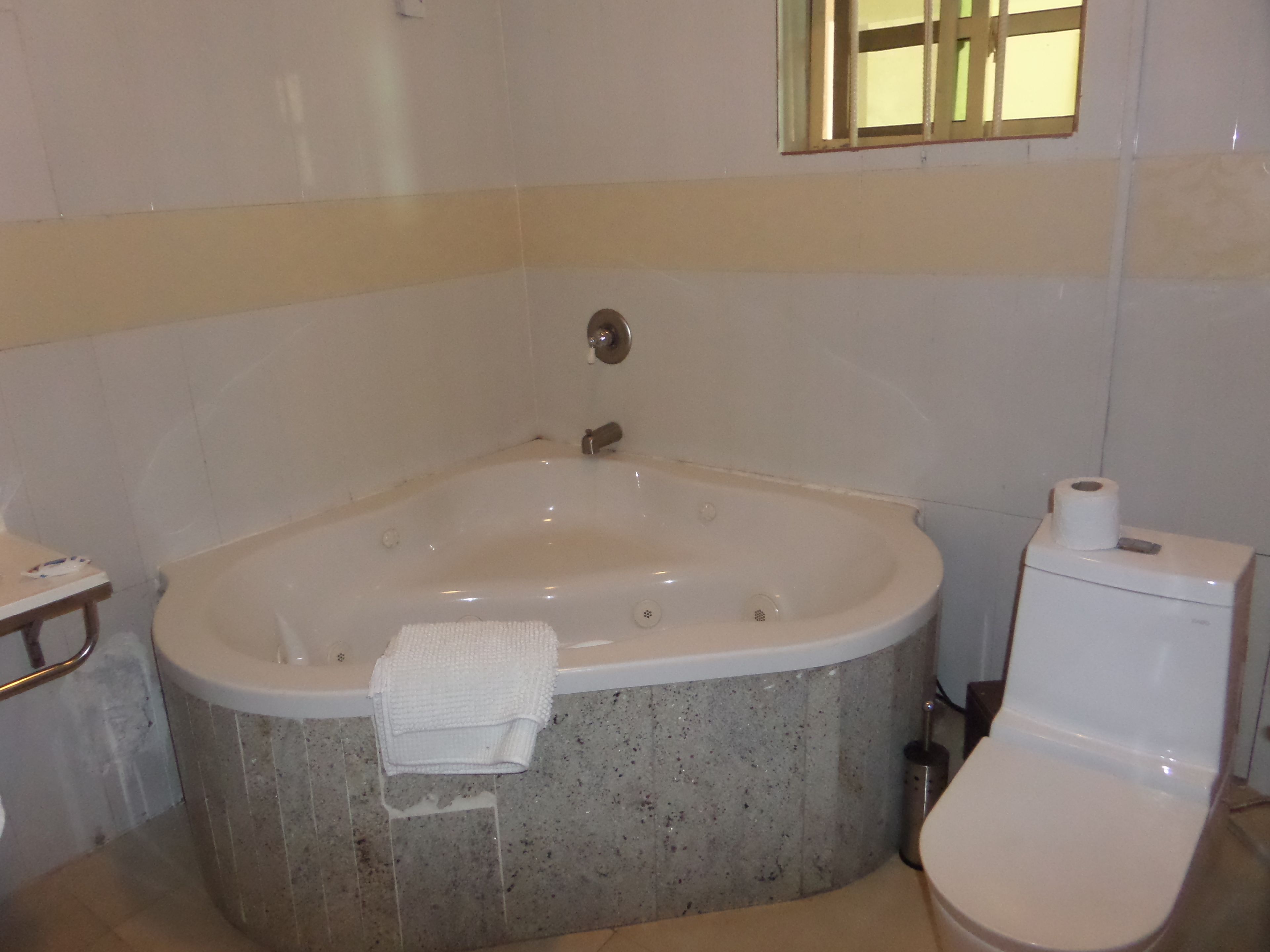 A bathroom with a freestanding bathtub, a toilet, and a towel rack.