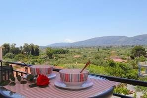 A balcony with two striped bowls and a rose, overlooking a green landscape with houses and mountains. - SeaBlue Houses (Zakynthos)