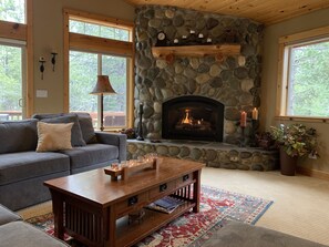 Smart TV, fireplace, video games, DVD player