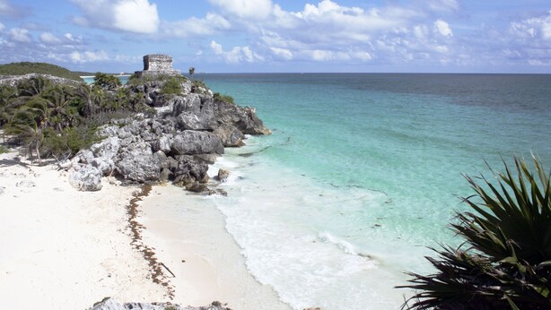 A beach with clear turquoise water, white sand, and a rocky structure with vegetation. - TAO Modern Retreat (Akumal)