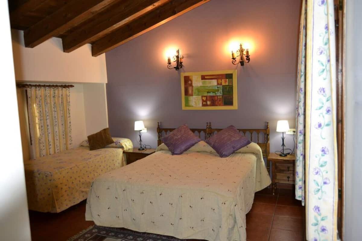 Une chambre avec deux lits simples, un plafond en bois et un tableau au mur.