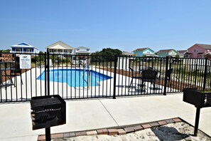 A private property with a swimming pool, a grill, and a sign indicating no trespassing.