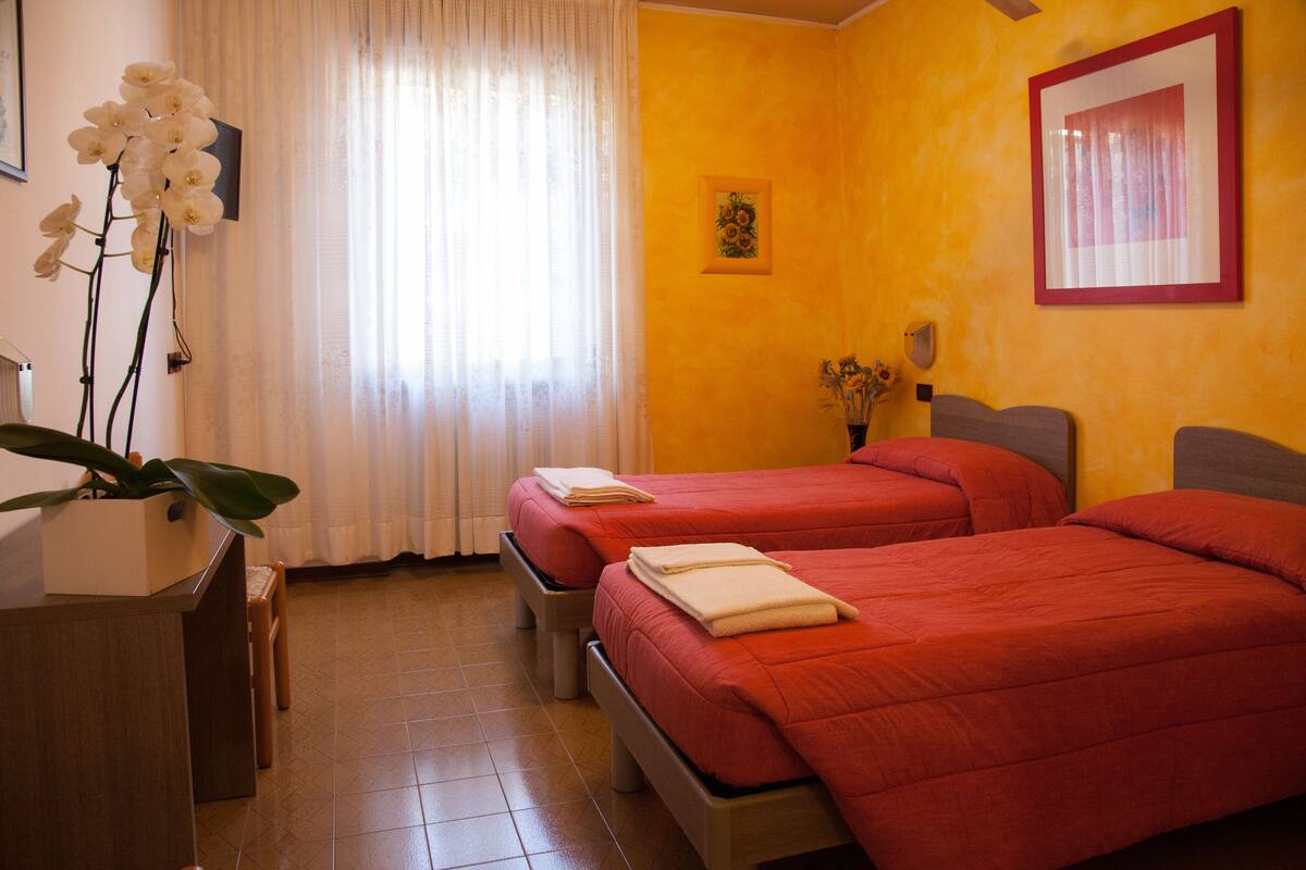 A hotel room with two beds, a desk, a chair, a potted plant, and a window with curtains.