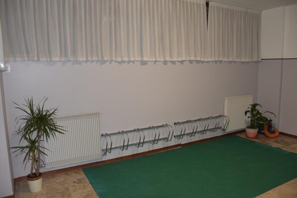 Una habitación con alfombra verde, un radiador, una planta y una ventana con cortinas blancas.