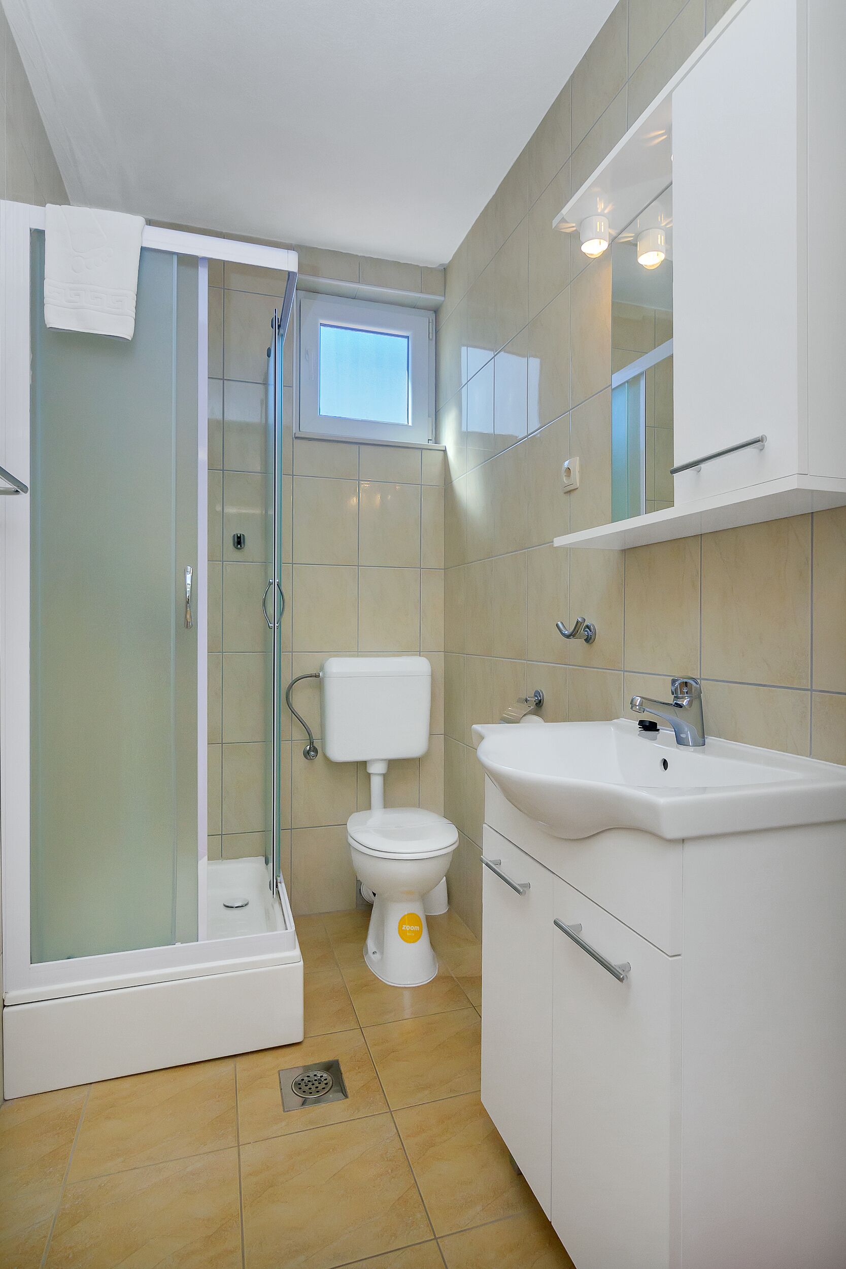 Ein modernes Badezimmer mit einer gläsernen Duschkabine, einer weißen Toilette und einem Waschbecken mit Spiegel darüber.